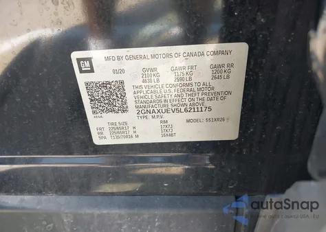 2020 Chevrolet Equinox Awd Lt 1.5L Turbo from USA, damaged, VIN 2GNAXUEV5L6211175